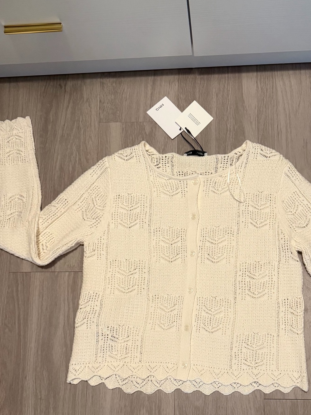 Mango Cream Pointelle Knit Button Front Cardigan NWT